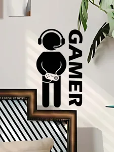 Vista dettaglio adesivo murale gamer, decalcomania silhouette nera per decorazione stanza.