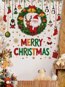 Detail de sticker mural de Noel avec pere Noel renne et couronne pour decoration de fete.