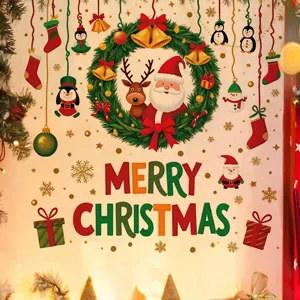 Stickers Muraux de Noël PVC Auto-Adhésifs Père Noël Renne Bonhomme de Neige Motif Décalcomanies Murales Joyeux Noël Lettrage Autocollants Décoratifs pour Salon Chambre Home Decor