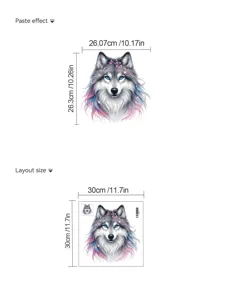 2D wolf wall sticker toilet decal with dimension guide paste effect and layout size.