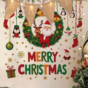 Sticker mural de Noël Père Noël renne décoration de fête autocollant mural PVC festif