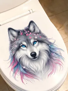 Decorative 2D wolf toilet sticker PVC self-adhesive waterproof removable bathroom wall art decor.