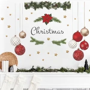 Christmas Wall Sticker PVC Self Adhesive Removable Ball Pine Branch Pattern Living Room Festive Home Decor Wall Decal Painting