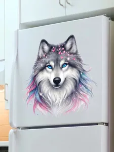 Closeup detail showing the vibrant wolf wall sticker design with glowing blue eyes and pink fur.