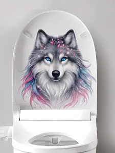 Decorative wolf toilet seat sticker, PVC self-adhesive waterproof decal for bathroom decor.