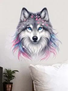Wolf wall sticker detail view, showing the colorful 2D wolf head design with heart and sparkle accents.