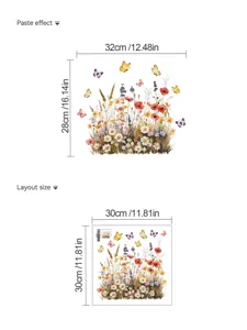 Wildflower butterfly wall sticker removable PVC floral decals for home kitchen background decor.