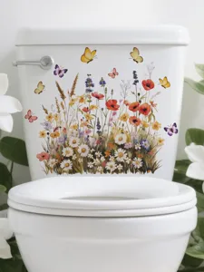 Waterproof PVC toilet sticker featuring watercolor wildflowers and butterflies for home decor.