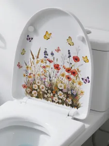 Floral butterfly print toilet seat cover, decorative bathroom accessory for home upgrade.
