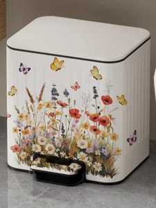 Floral butterfly pedal trash can, stylish white home decor waste bin for kitchen and bathroom use.