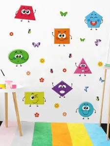 Kleurrijke cartoon geometrische vormen muursticker detailweergave kinderkamer PVC.