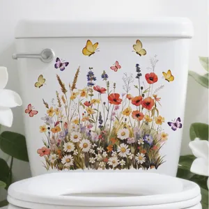 Butterfly Flower Cluster Wall Stickers PVC Waterproof Removable Toilet Stickers Pastoral Style Floral Background Decor For Kitchen Bathroom