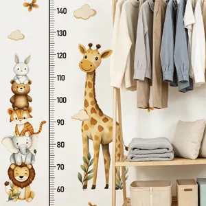 Kids growth chart wall sticker featuring cute cartoon giraffe and animal stacking design.