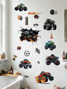 Monster truck wall stickers set, waterproof PVC removable decals for kids bedroom decor.