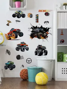 Monster truck wall stickers set, PVC self-adhesive removable decals for kids bedroom decor.