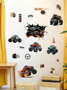 Monster truck wall stickers scene display, colorful removable PVC decals for kids room decor.