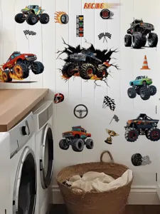 Monster truck wall stickers set, removable PVC racing car decor for kids bedroom wall art.