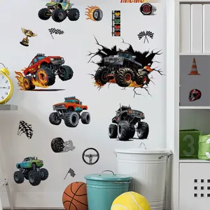 Monster Truck Wall Stickers Removable PVC Self-Adhesive Racing Car Wall Decals Graphic Print Boys Bedroom Decor Living Room Background Wall Poster