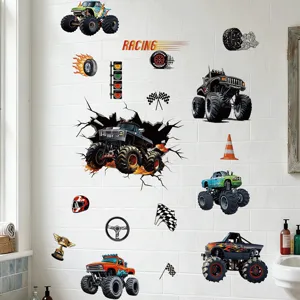 Monster truck wall stickers set, removable PVC wall decals for living room bedroom decor.