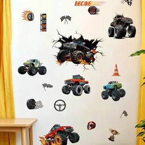 Monster truck wall stickers set, removable PVC vinyl decals for kids bedroom living room decor.