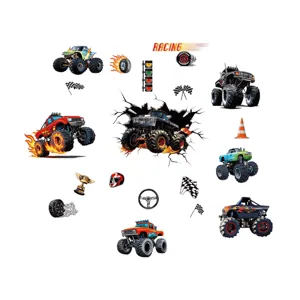 Monster truck wall stickers set, removable PVC self adhesive vinyl wall art for kids room.