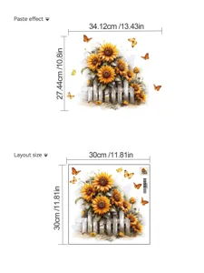 Diagramm de dimension d'autocollant mural tournesol clôture blanche avec spécifications.