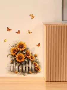Autocollant mural tournesol avec clôture en bois et papillons pour une jolie déco de pièce.