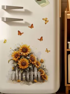 Stickers muraux tournesol clôture, déco autocollante PVC pour chambre, salon et réfrigérateur.