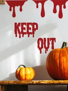 Autocollants muraux Halloween KEEP OUT gouttes de sang effrayantes pour déco de fête.