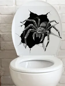 Closeup of 3D scary spider wall sticker on toilet seat, waterproof removable PVC material.