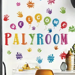 Kleurrijke cartoon alfabet en handafdruk muursticker voor kinderkamer woonkamer decor PVC.