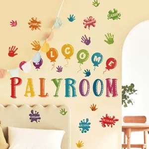 Kleurrijke handafdruk muurstickers met letters, ideaal voor de kinderkamer en woonkamer.