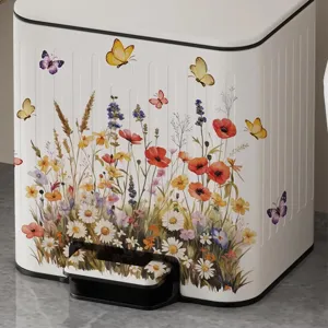 White pedal trash can with watercolor floral and butterfly pattern, elegant home decor waste bin.