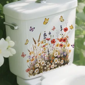 Waterproof floral butterfly toilet sticker, PVC self-adhesive removable home wall decor.