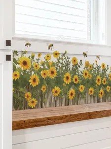 Close-up van zonnebloem en bij muursticker detail op een kamer muur, decoratieve textuur.