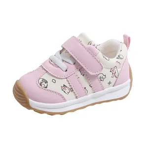 Chaussures de marche roses blanches pour bébé 1-3 ans joli imprimé chat semelle souple