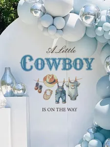 Detailed view of the cowboy themed baby shower wall sticker arch backdrop party decoration.