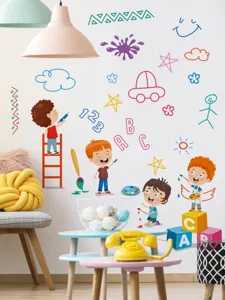 Scene detail showing colorful children learning wall stickers applied on nursery background wall.