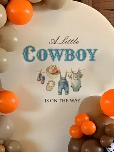 Cute cowboy gender reveal arch backdrop sticker with balloons for baby shower party decor.
