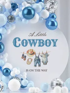 Detail view of blue cowboy theme arch backdrop sticker with cute baby clothes and balloons.
