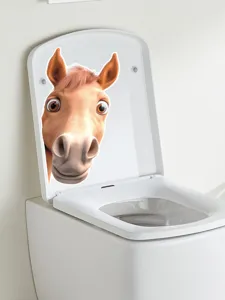 Funny peeking horse head toilet sticker detail view, waterproof self-adhesive bathroom decor