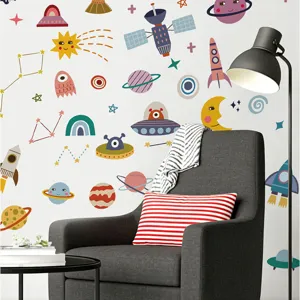 Niedliche Universum Wandtattoos Cartoon Planet Rakete Raumschiff PVC Deko Aufkleber