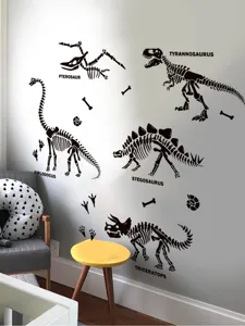 Dinosaur skeleton wall sticker detail showing realistic prehistoric fossils on the living room wall.