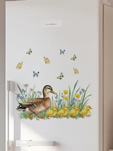 Easter watercolor duck and ducklings wall sticker, cute flowers and butterflies decal for home.