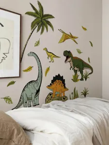 Détail de stickers muraux dinosaures de dessin animé, PVC autocollant pour chambre d'enfants.