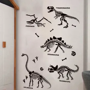 Dinosaur skeleton wall stickers, PVC self-adhesive fossil decals for kids room decor.