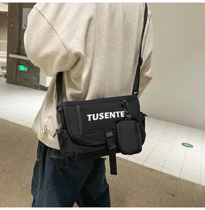 Bolso bandolera táctico negro de lona para hombre y mujer, bolso cruzado urbano casual.