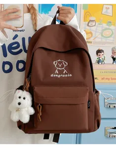 Cute brown student backpack with dog embroidery, large capacity daily school bag for teens.