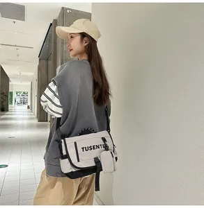 Bolso bandolera de lona estilo coreano con pequeño estuche, bolso cruzado unisex casual.