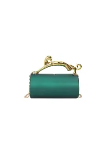 Green acrylic box clutch bag featuring elegant gold panther handle and detachable chain strap.